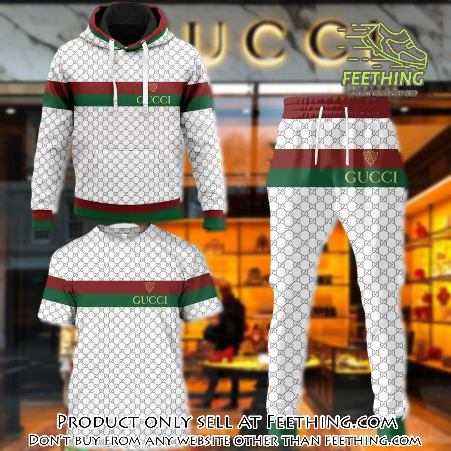 Gucci red green pattern white unisex tshirt hoodie long pants set luxury brand clothing special gift outfit for men women ft4332595